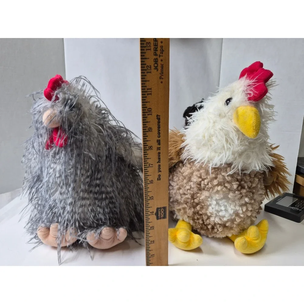 Rooster Chicken Plush Set Grey and Brown Stuffed Animal large 11in Barn Fun Fur